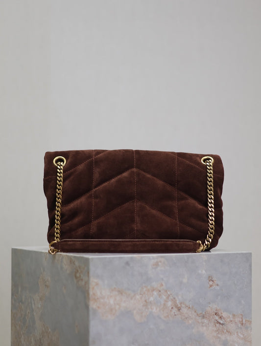 YSL 25S LOULOU PUFFER MM 29 IN DARK BROWN SUEDE GOLD HARDWARE