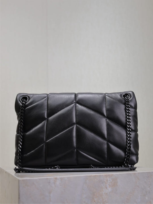 YSL 25S LOULOU PUFFER MM 29 З ЧОРНОЇ ТЕЛЯЧОЇ ШКІРИ, ЧОРНА ФУРНІТУРА