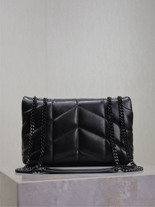 YSL 25S LOULOU PUFFER MINI 23 З ЧОРНОЇ ТЕЛЯЧОЇ ШКІРИ, ЧОРНА ФУРНІТУРА