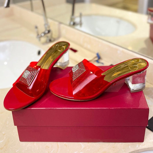 HIGH MULE 60MM IN CHERRY RED SHEEPSKIN AND TRANSPARENT PVC - 35