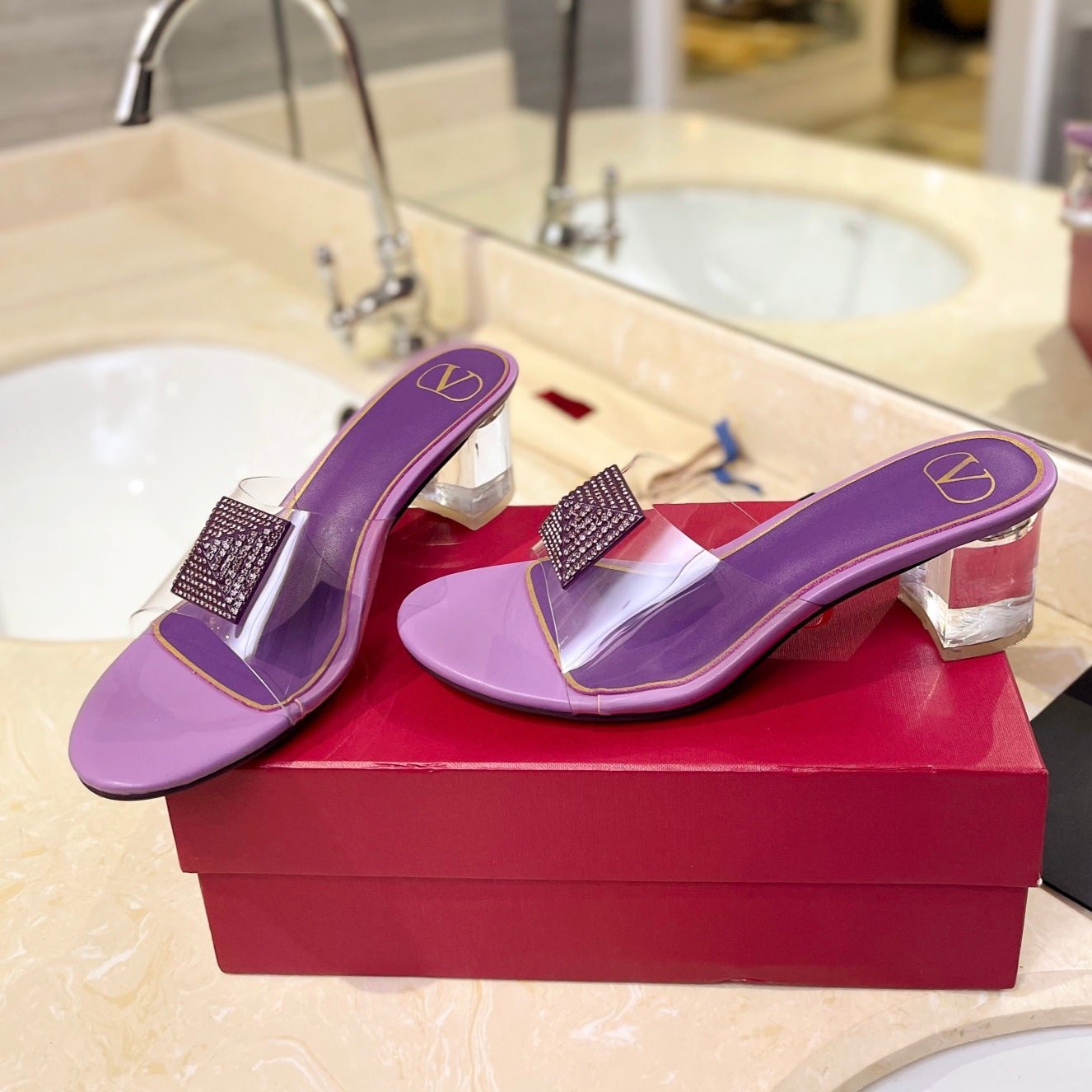 HIGH MULE 60MM IN MAUVE PURPLE SHEEPSKIN AND TRANSPARENT PVC - 35