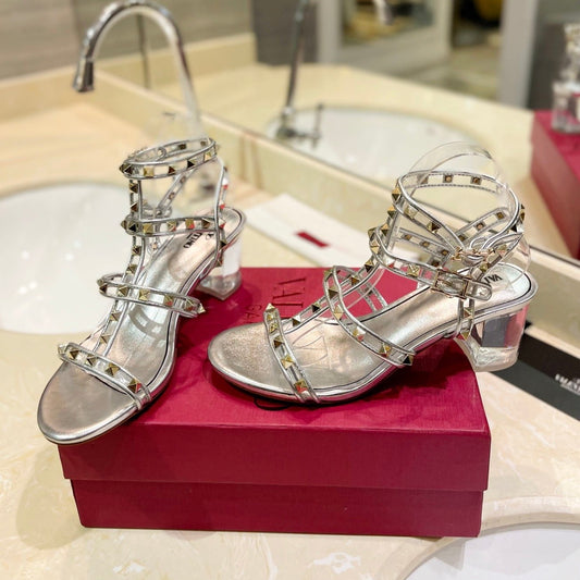 ROCKSTUD SANDAL WITH STRAP IN SILVER CALFSKIN 60 MM - 34