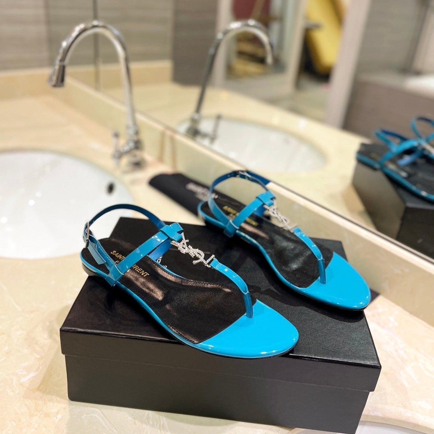 SL CASSANDRA SANDALS CERULEAN POLISHED CALFSKIN - 35