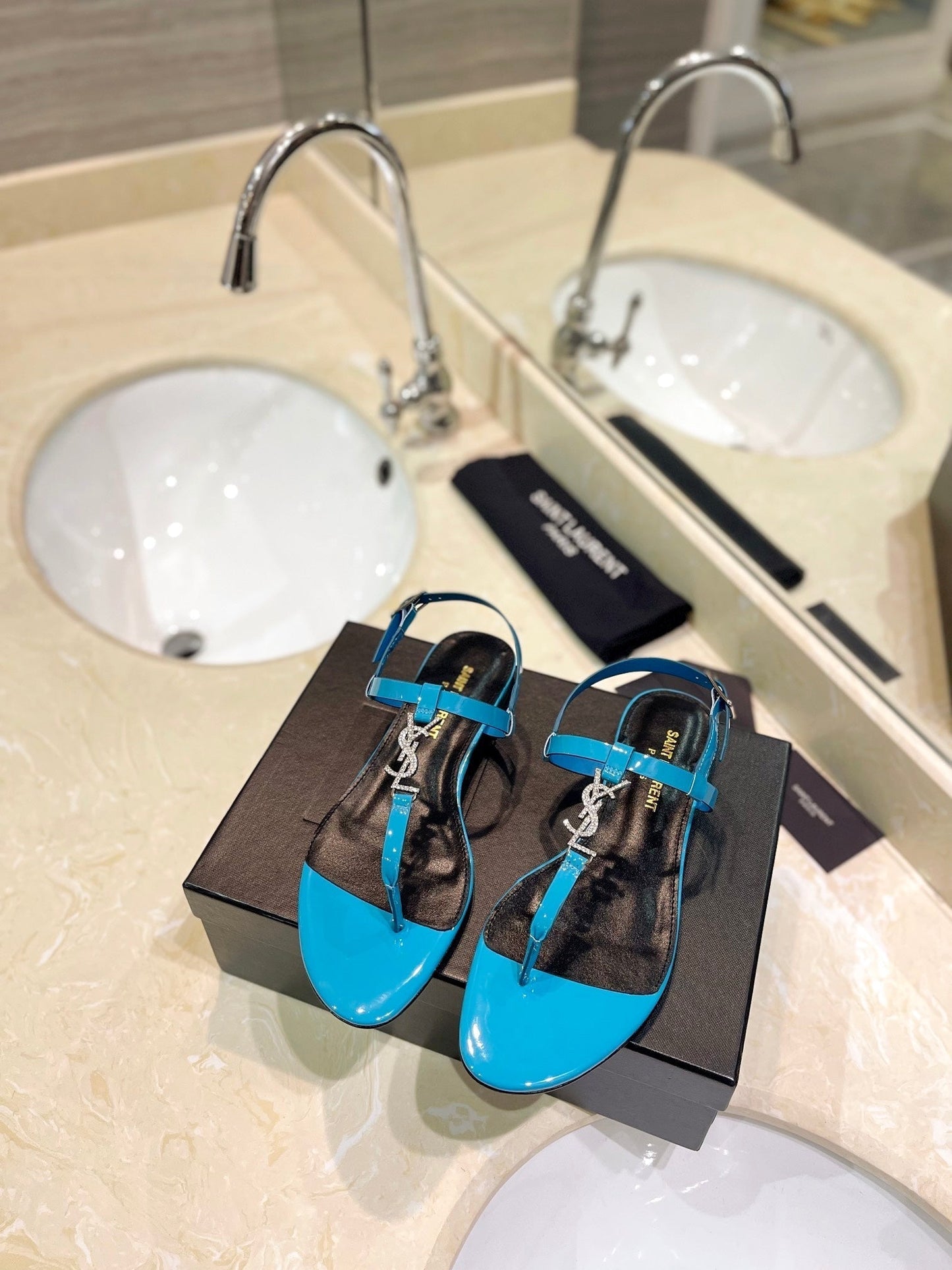 SL CASSANDRA SANDALS CERULEAN POLISHED CALFSKIN - 35