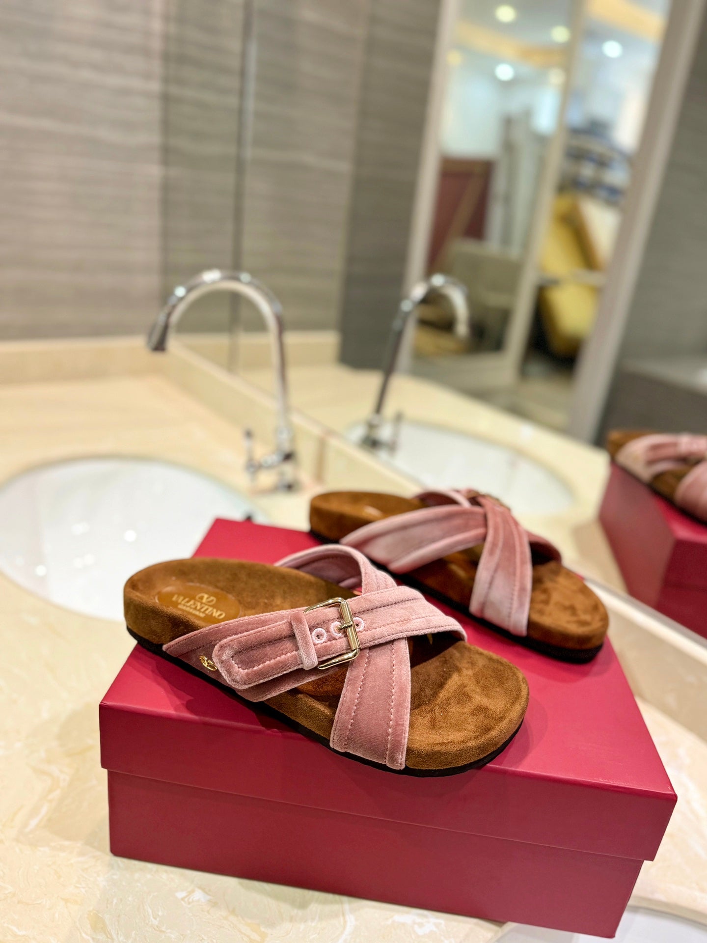 FUSSFRIEND CREPE PINK SILK VELVET SLIDE SANDALS - 35