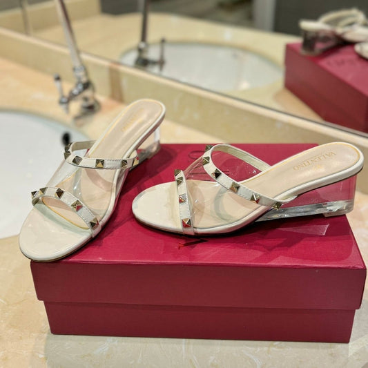 ROCKSTUD MULE SANDALS IN WHITE CALFSKIN AND TRANSPARENT PVC FILM - 34