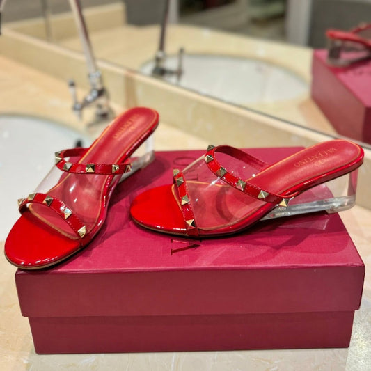 ROCKSTUD MULE SANDALS IN CHERRY RED CALFSKIN AND TRANSPARENT PVC FILM - 34