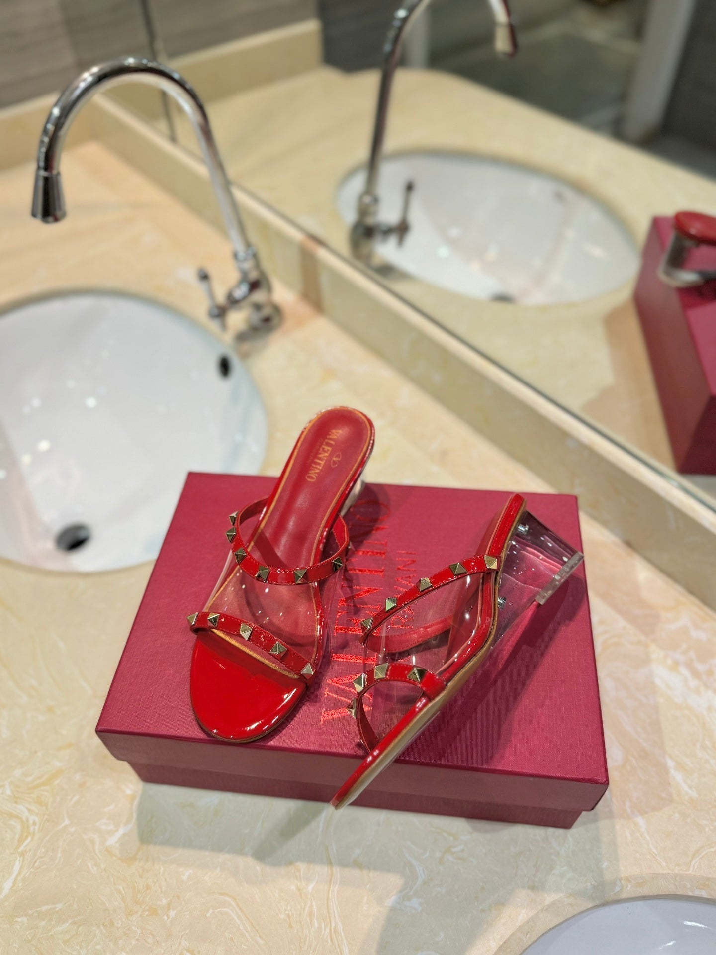 ROCKSTUD MULE SANDALS IN CHERRY RED CALFSKIN AND TRANSPARENT PVC FILM - 34