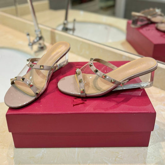 ROCKSTUD MULE SANDALS IN LIGHT PINK CALFSKIN AND TRANSPARENT PVC FILM - 34