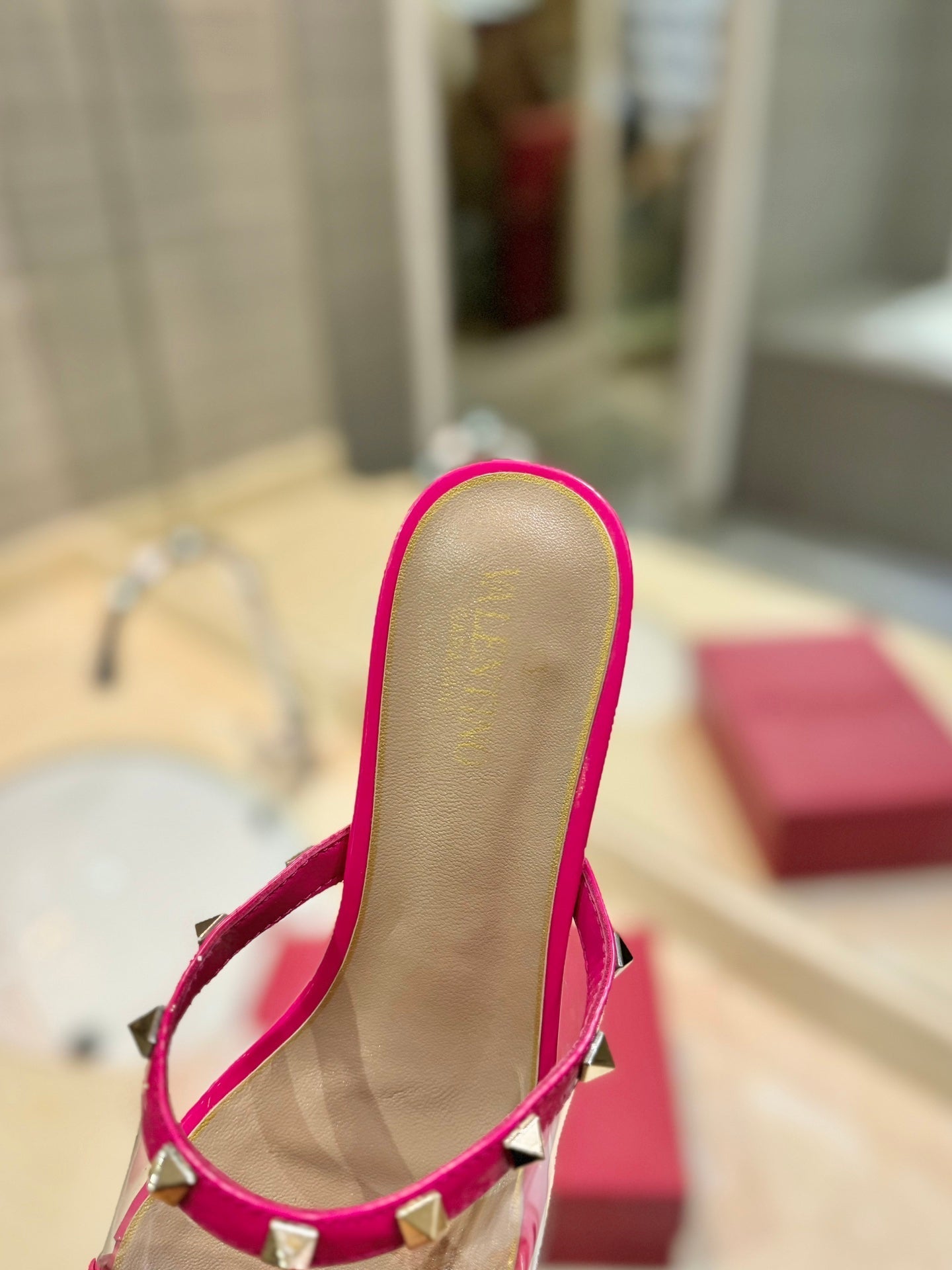 ROCKSTUD MULE SANDALS IN BRIGHT PINK CALFSKIN AND TRANSPARENT PVC FILM - 34