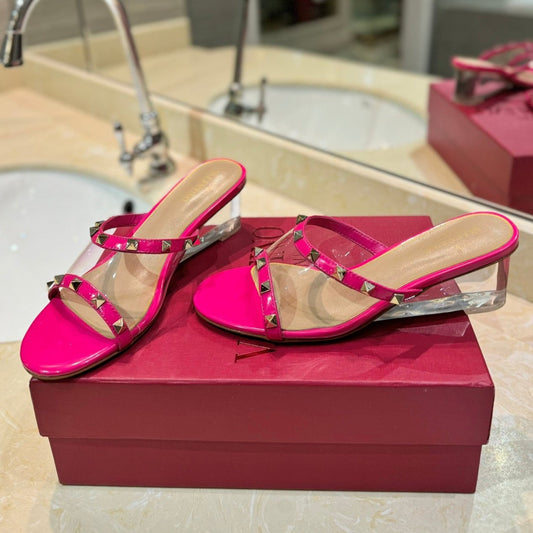 ROCKSTUD MULE SANDALS IN BRIGHT PINK CALFSKIN AND TRANSPARENT PVC FILM - 34