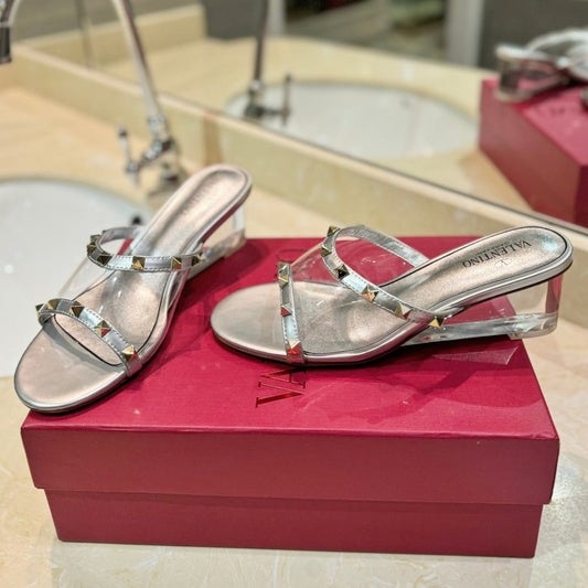 ROCKSTUD MULE SANDALS IN SILVER CALFSKIN AND TRANSPARENT PVC FILM - 34
