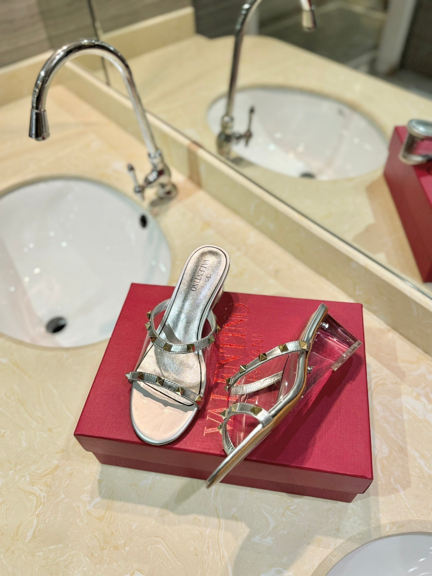 ROCKSTUD MULE SANDALS IN SILVER CALFSKIN AND TRANSPARENT PVC FILM - 34