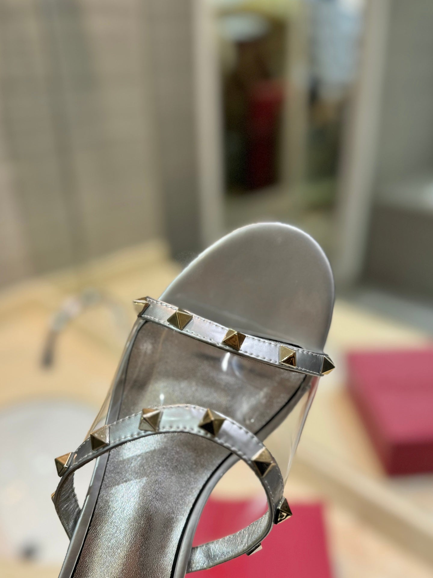 ROCKSTUD MULE SANDALS IN SILVER CALFSKIN AND TRANSPARENT PVC FILM - 34