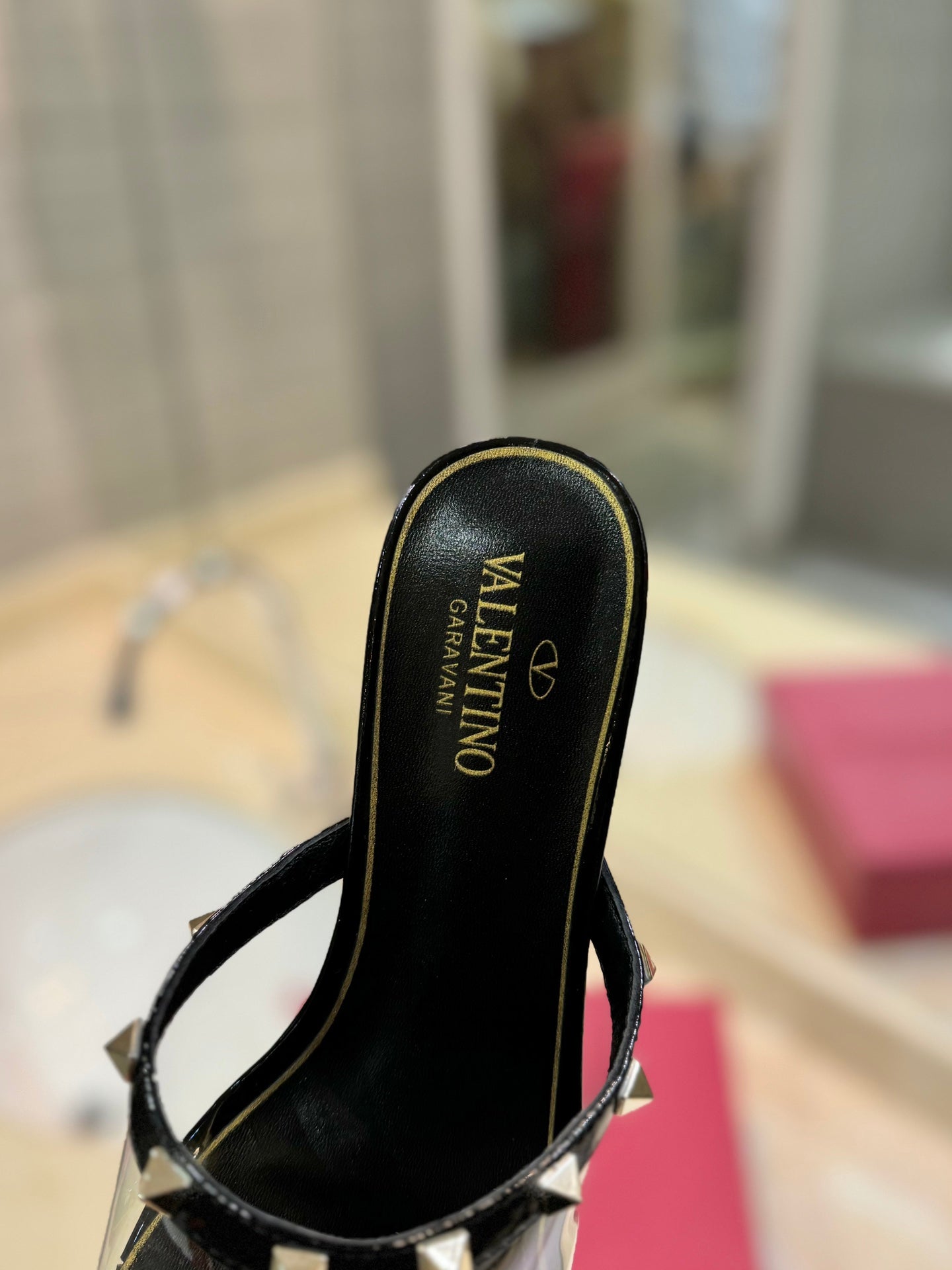 ROCKSTUD MULE SANDALS IN BLACK CALFSKIN AND TRANSPARENT PVC FILM - 34