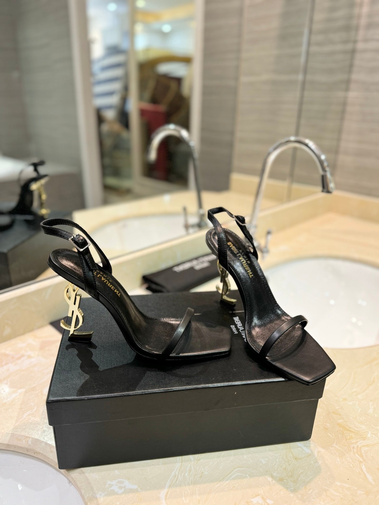 SL OPYUM SANDALS 80 BLACK AND GOLD CALFSKIN - 35