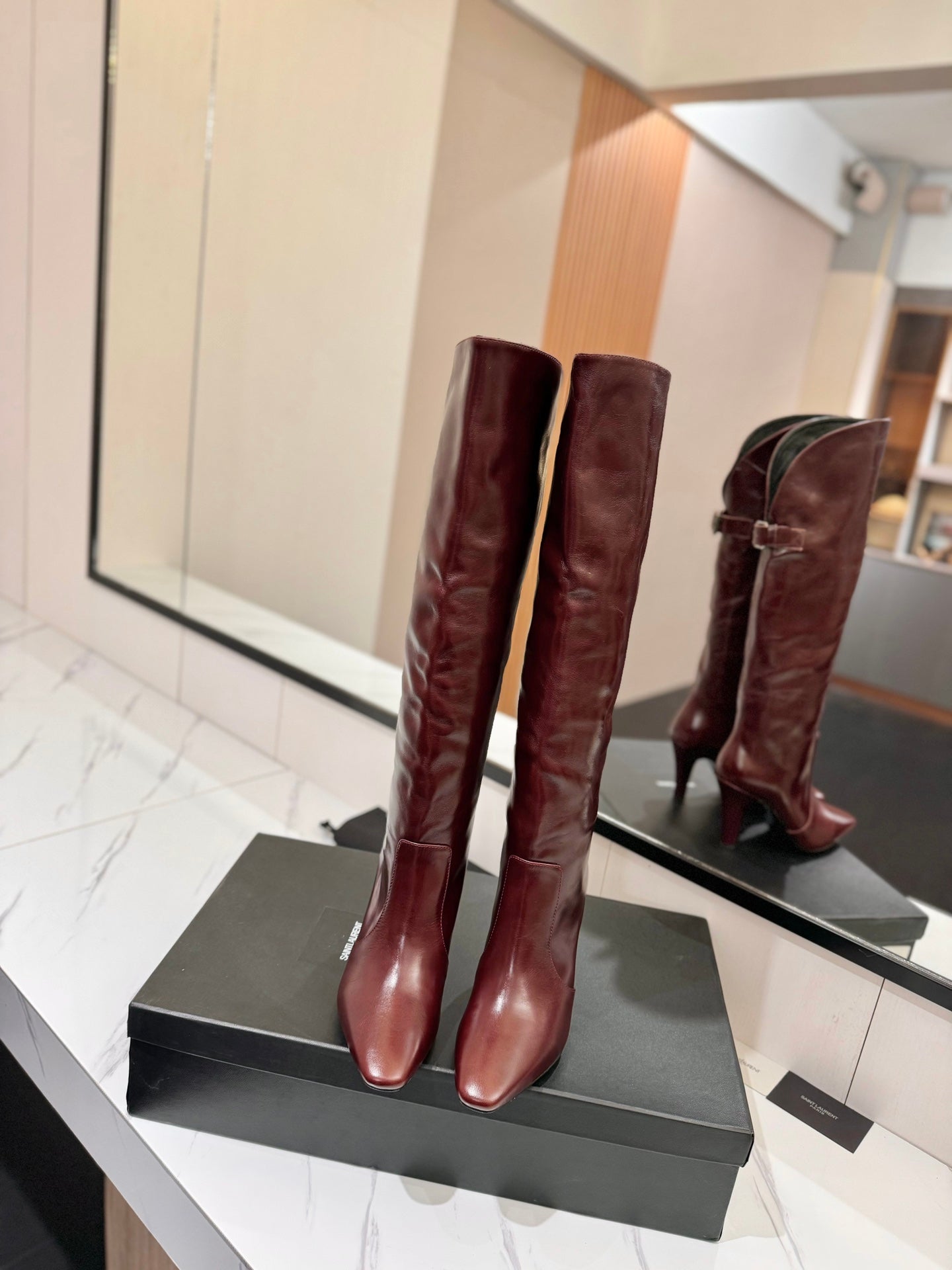 CLASSIC HIGH KNEE BOOTS IN BURGUNDY RED CALFSKIN - 35