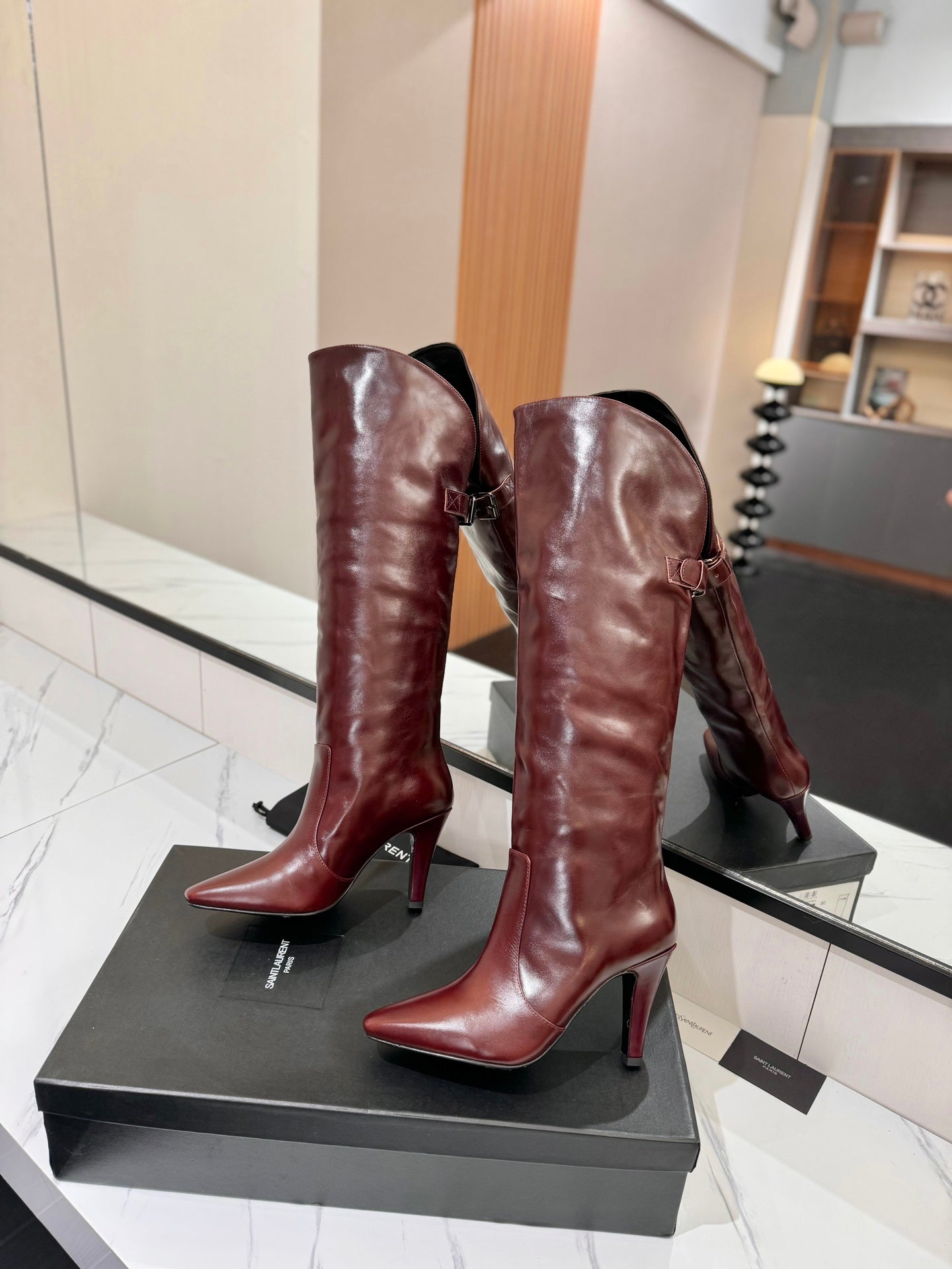 CLASSIC HIGH KNEE BOOTS IN BURGUNDY RED CALFSKIN - 35