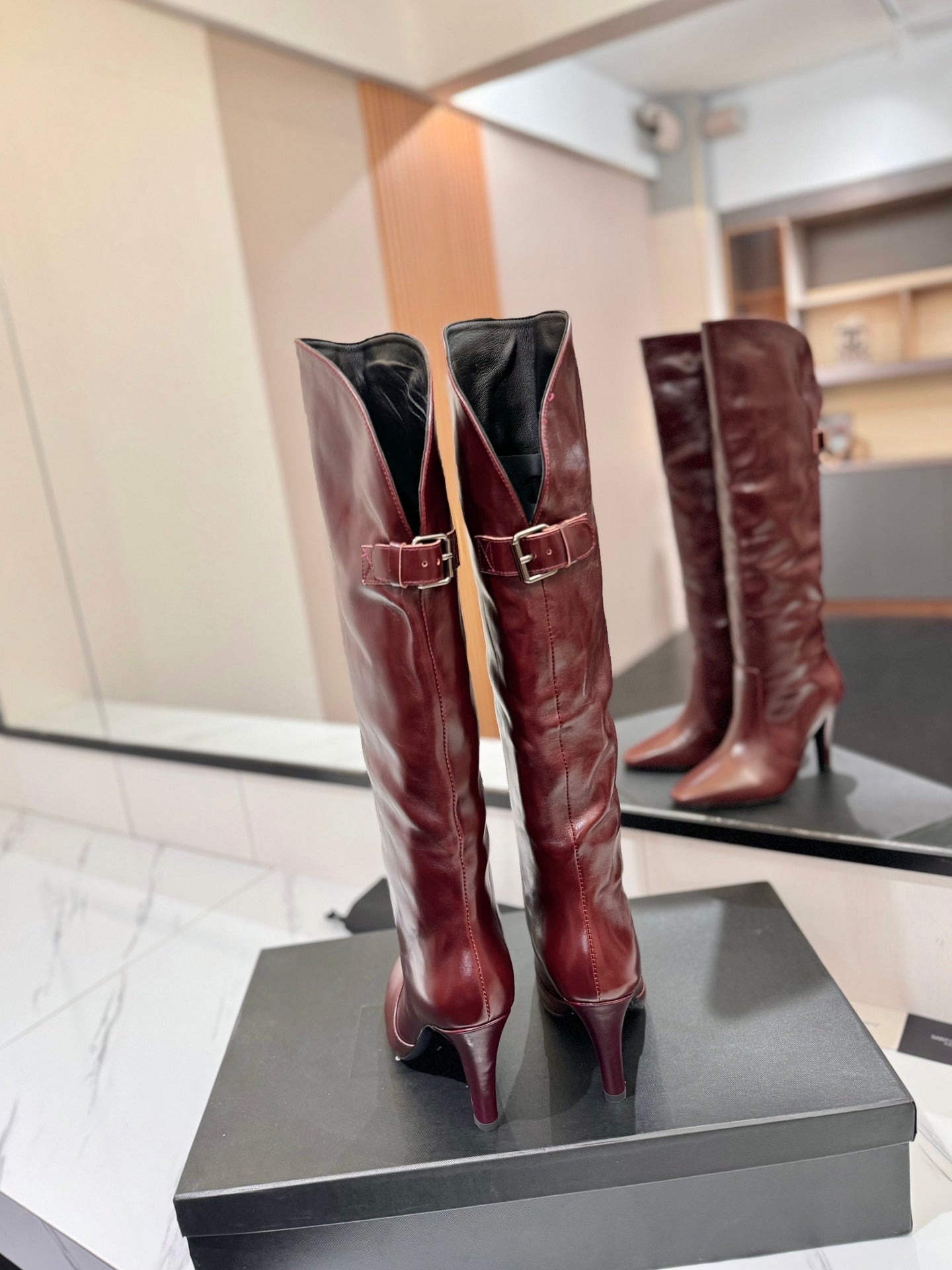 CLASSIC HIGH KNEE BOOTS IN BURGUNDY RED CALFSKIN - 35
