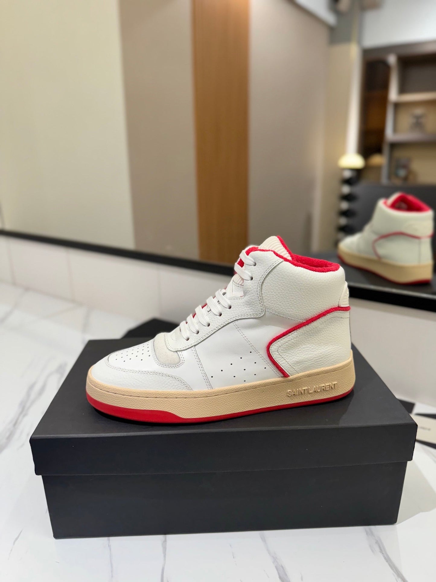 MID-TOP SNEAKERS IN WHITE AND RED TRIM PERFORATED LAMBSKIN - 35