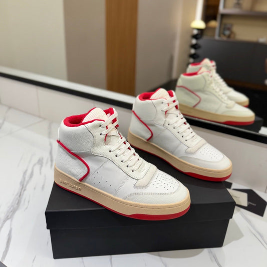 MID-TOP SNEAKERS IN WHITE AND RED TRIM PERFORATED LAMBSKIN - 35