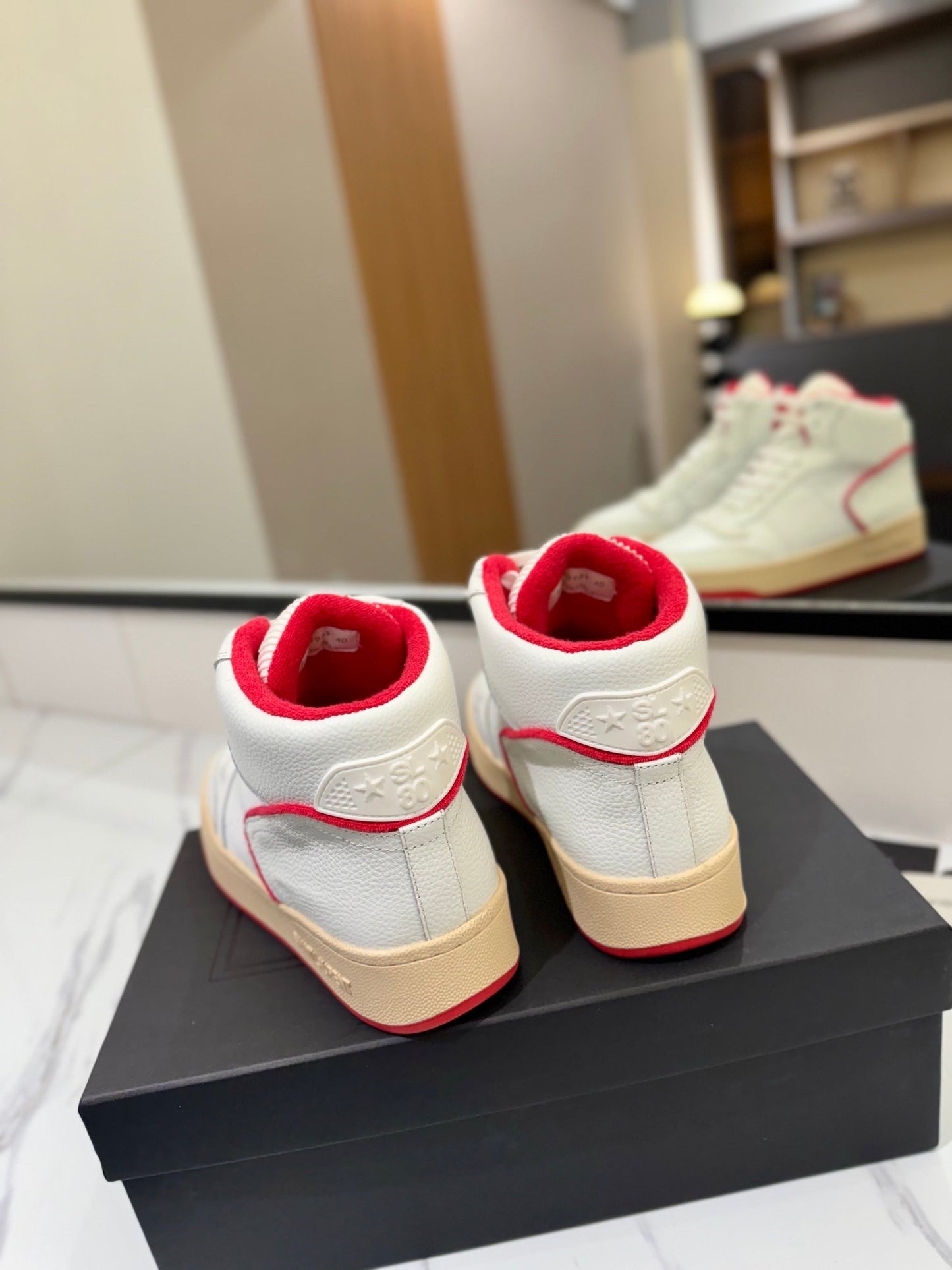 MID-TOP SNEAKERS IN WHITE AND RED TRIM PERFORATED LAMBSKIN - 35