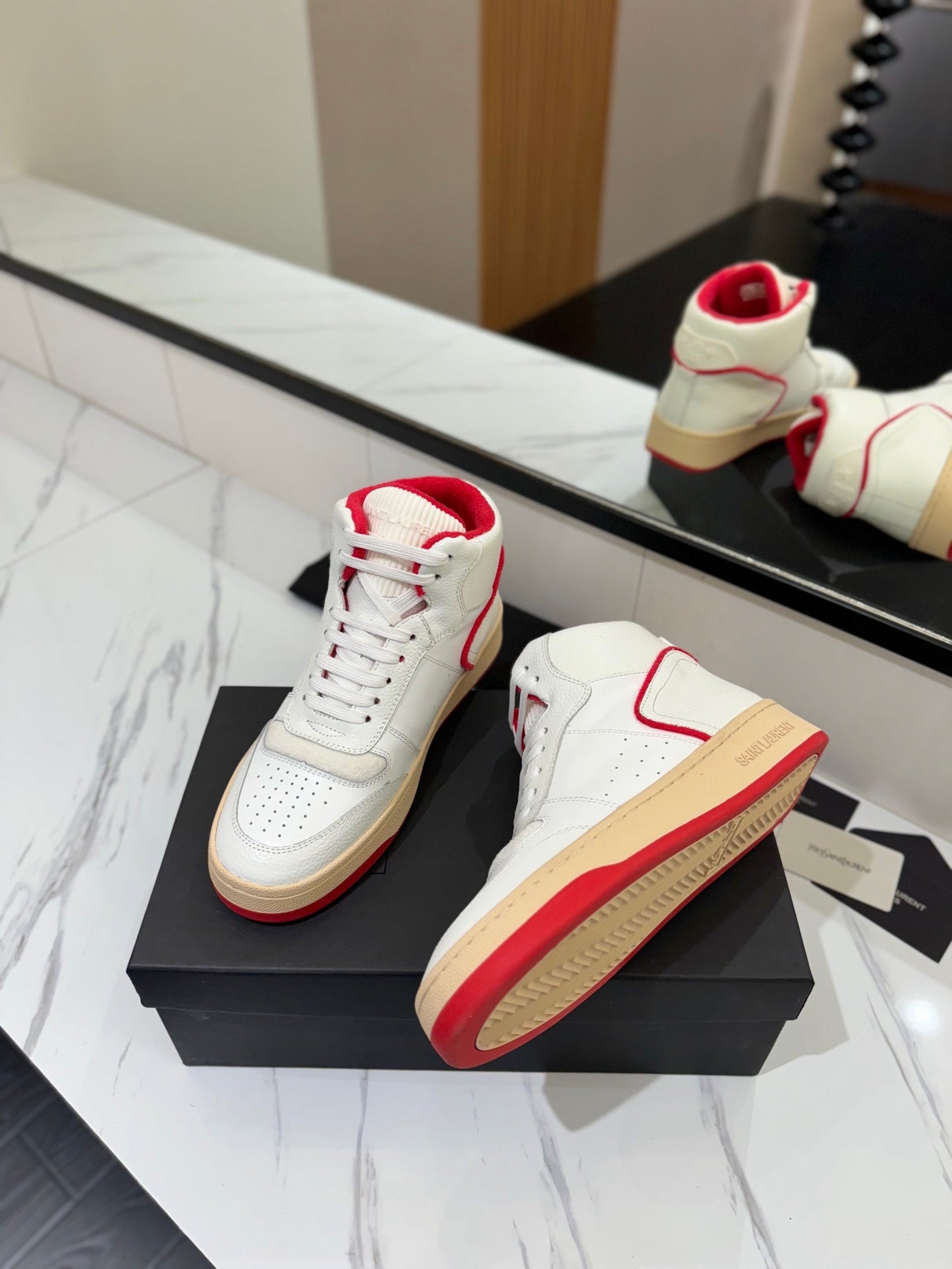 MID-TOP SNEAKERS IN WHITE AND RED TRIM PERFORATED LAMBSKIN - 35