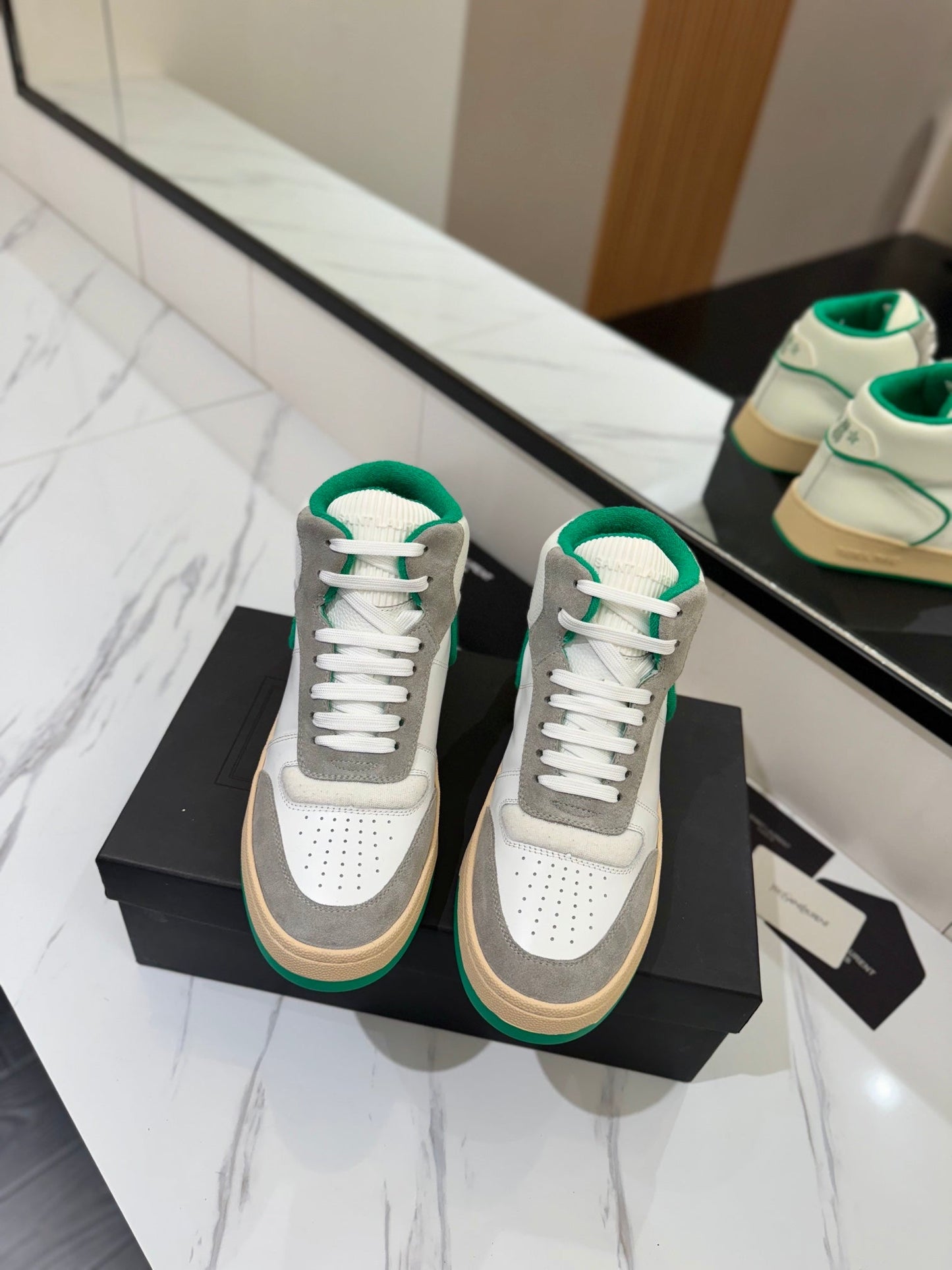 MID-TOP SNEAKERS IN WHITE PERFORATED LAMBSKIN AND GRAY SUEDE - 35