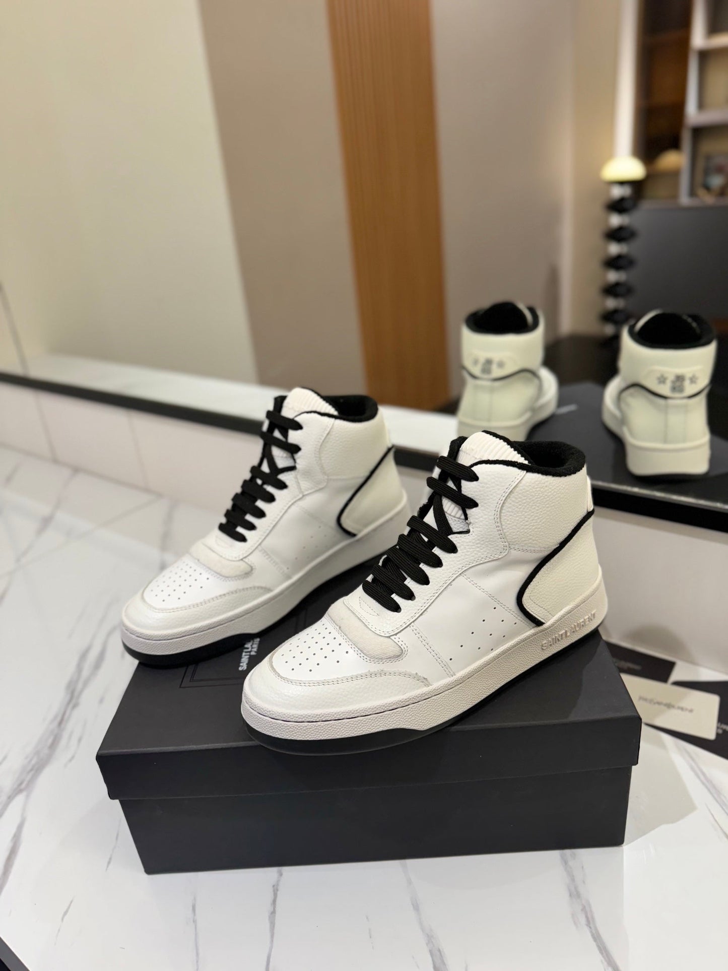 MID-TOP SNEAKERS IN WHITE AND BLACK TRIM PERFORATED LAMBSKIN - 35