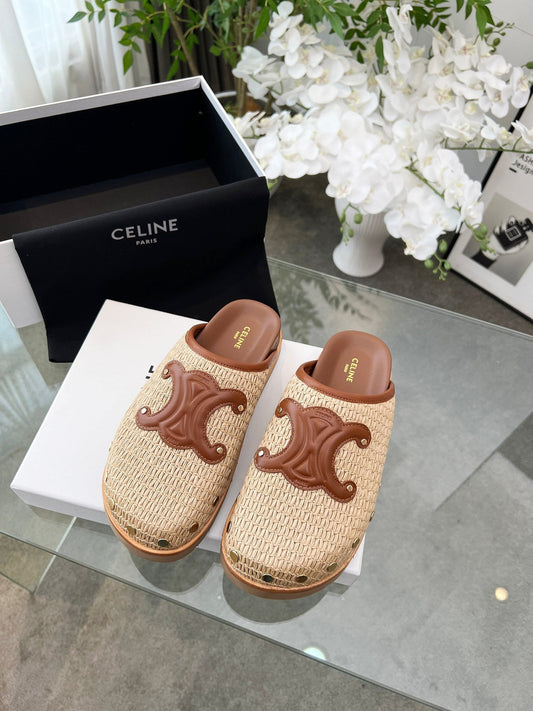 МЮЛІ TRIOMPHE CELINE 26S З БЕЖЕВОЇ РАФІЇ ТА КОРИЧНЕВОЇ ТЕЛЯЧОЇ ШКІРИ