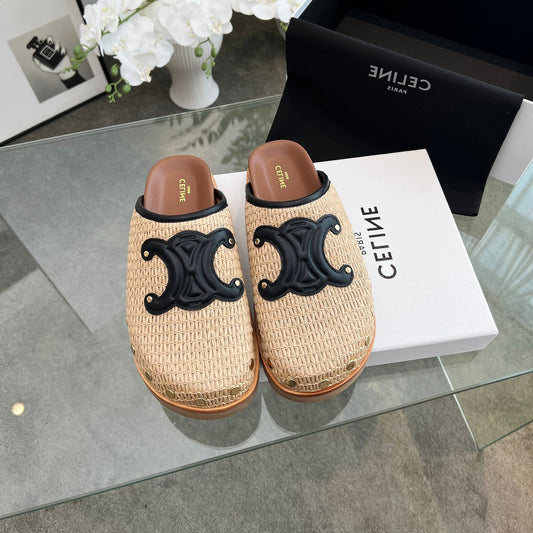МЮЛІ CELINE 26S TRIOMPHE БЕЖЕВОГО КОЛЬОРУ З РАФІЇ ТА ЧОРНОЇ ТЕЛЯЧОЇ ШКІРИ