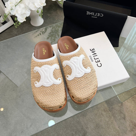 CELINE 26S МЮЛІ TRIOMPHE З БЕЖЕВОЇ РАФІЇ ТА БІЛОЇ ТЕЛЯЧОЇ ШКІРИ