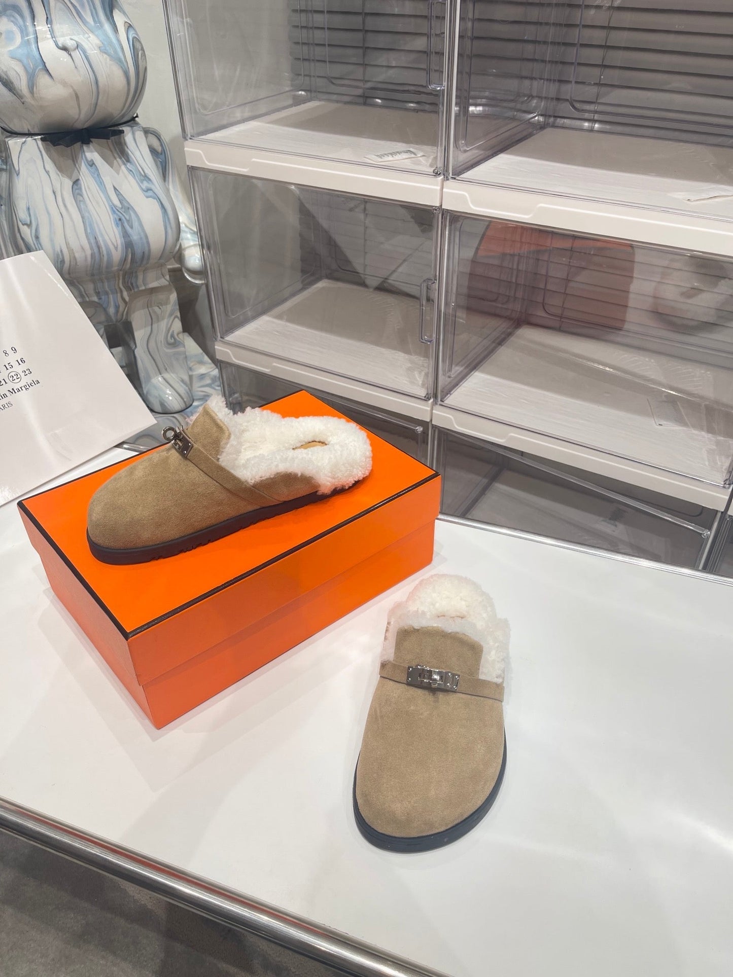 SLIP-ON MULE IN TORTILLA BROWN SUEDE AND SHEARLING LINING - 35