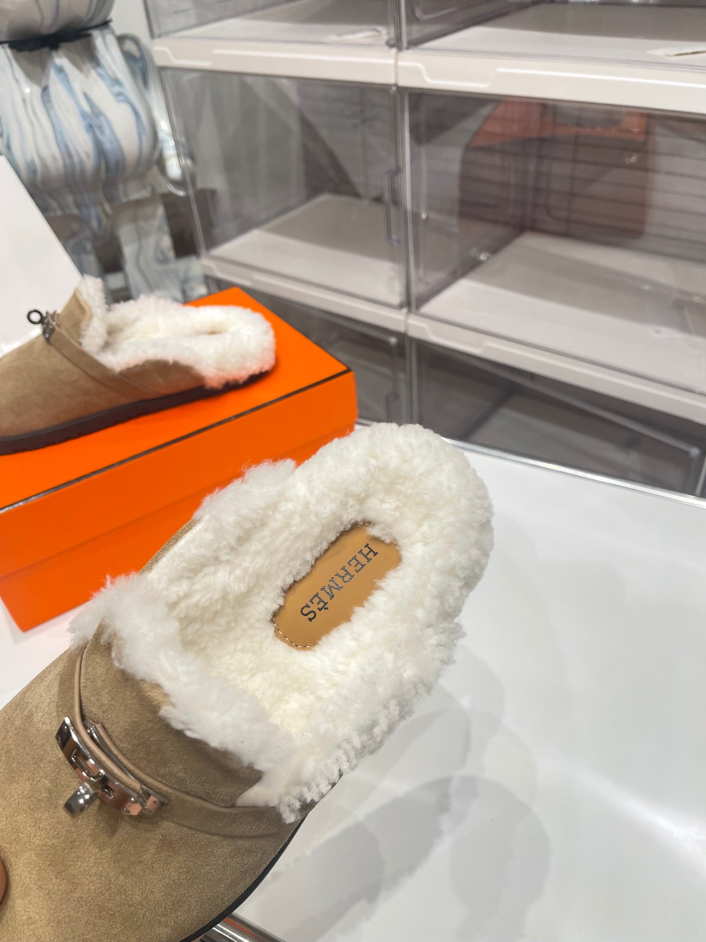 SLIP-ON MULE IN TORTILLA BROWN SUEDE AND SHEARLING LINING - 35