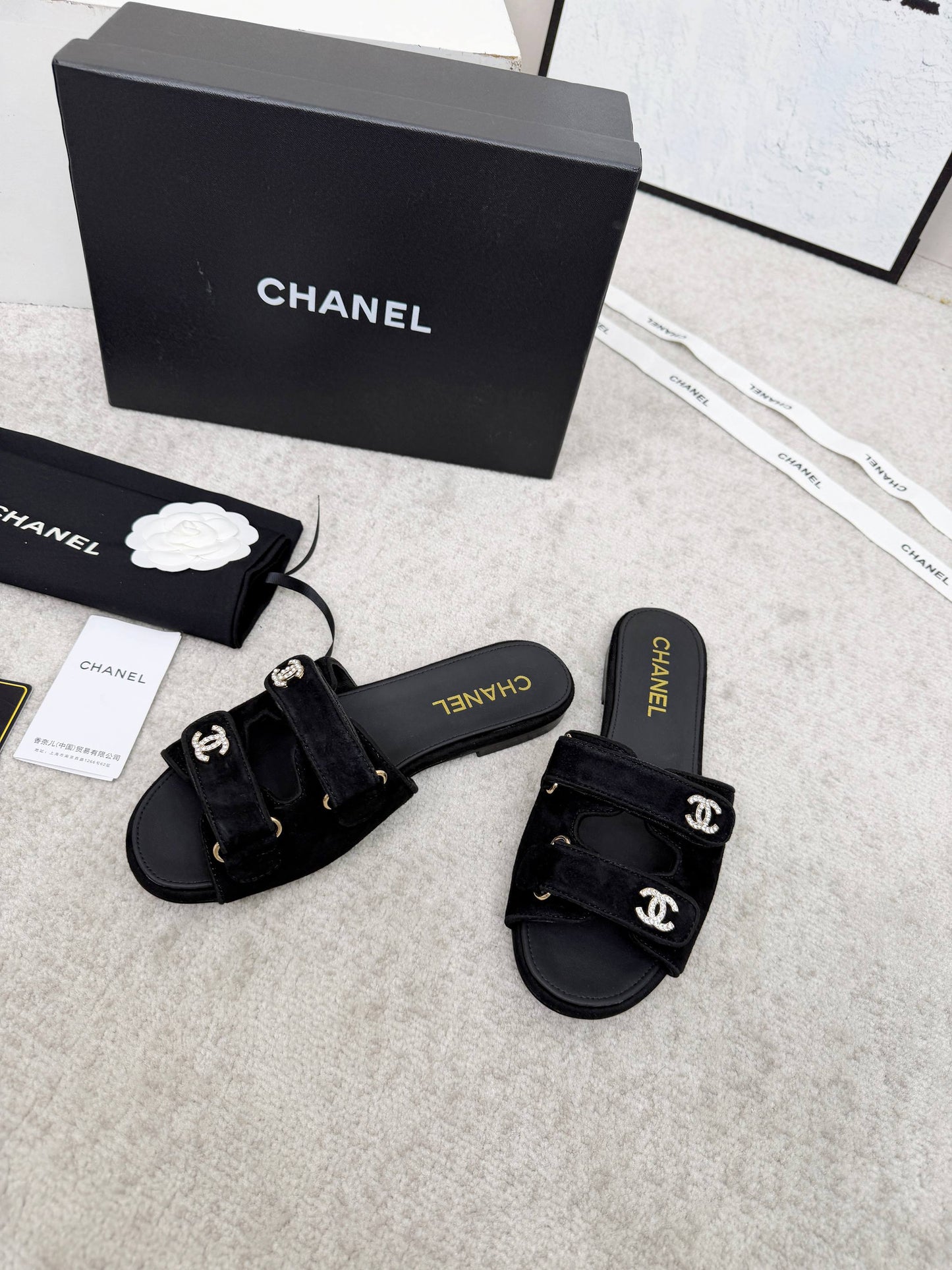 CHANEL 26S DOUBLE STRAP SLIDE SANDALS IN BLACK SUEDE AND CALFSKIN