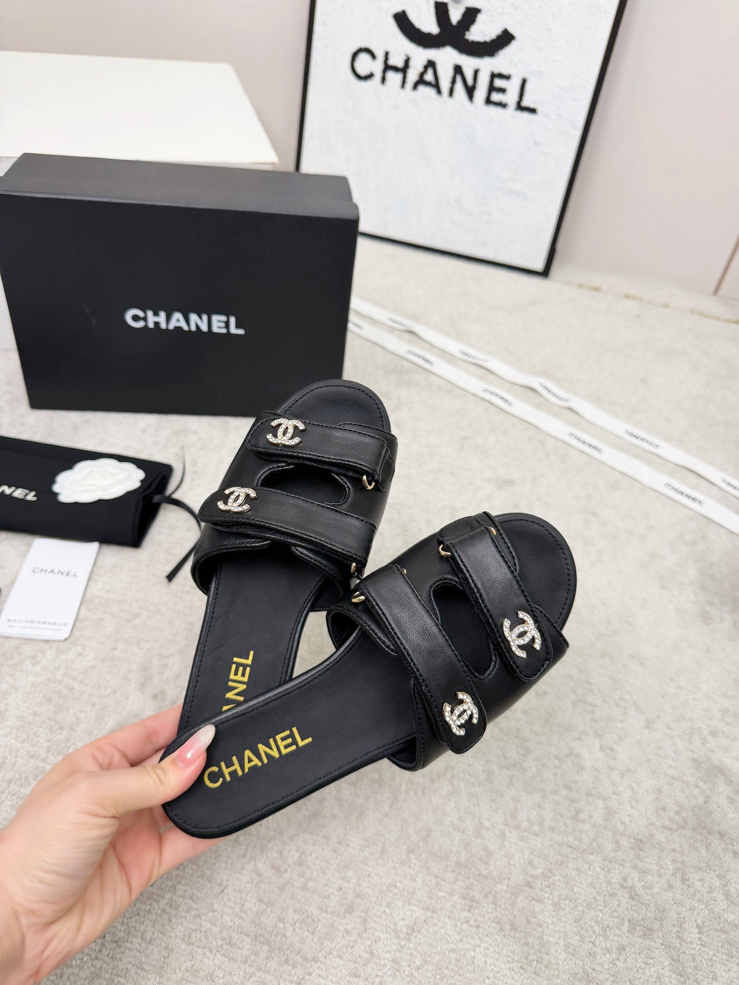 CHANEL 26S DOUBLE STRAP SLIDE SANDALS IN BLACK CALFSKIN