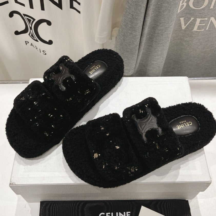 DAD SANDALS BLACK PURE SHEEP WOOL - 35