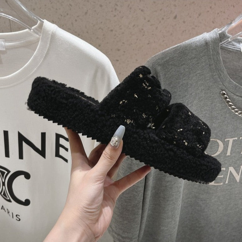 DAD SANDALS BLACK PURE SHEEP WOOL - 35