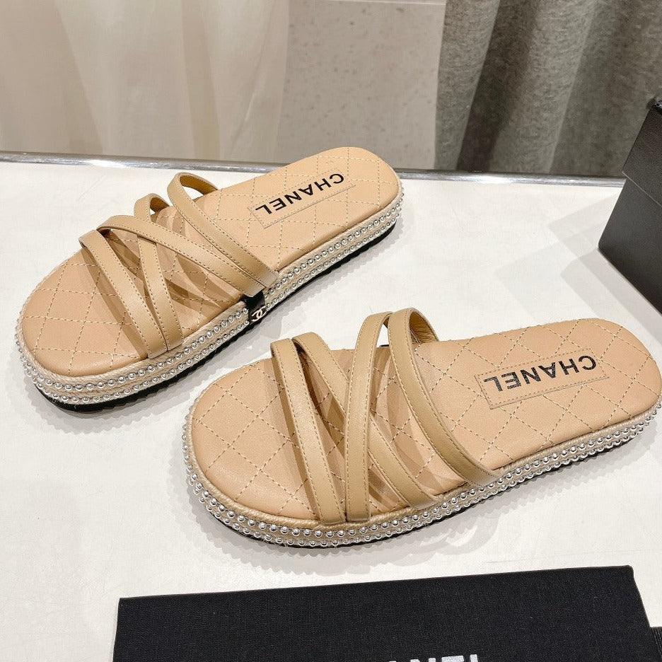 SLIPPERS CROSS STRAPS IN BEIGE CREAM LAMBSKIN - 35