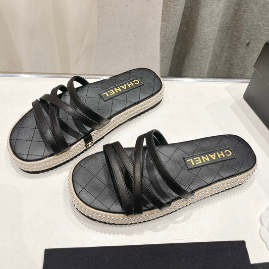 SLIPPERS CROSS STRAPS IN BLACK LAMBSKIN - 35