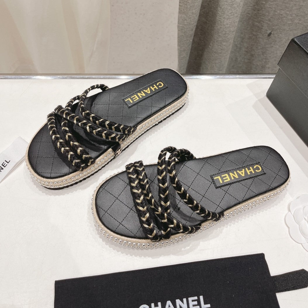 WOVEN STRAP SLIPPERS IN BLACK LAMBSKIN - 35