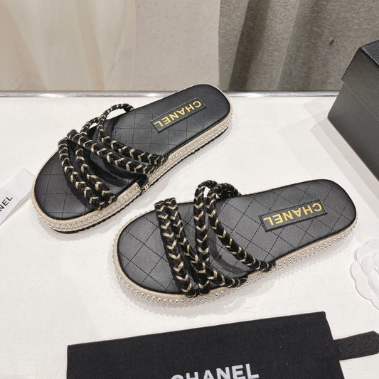WOVEN STRAP SLIPPERS IN BLACK LAMBSKIN - 35