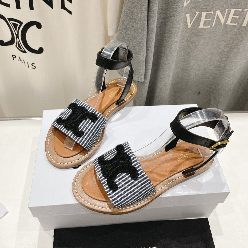 LYMPIA SANDAL IN TRIOMPHE MACCRAMÉ COTTON & CALFSKIN BLACK/NAVY - 35