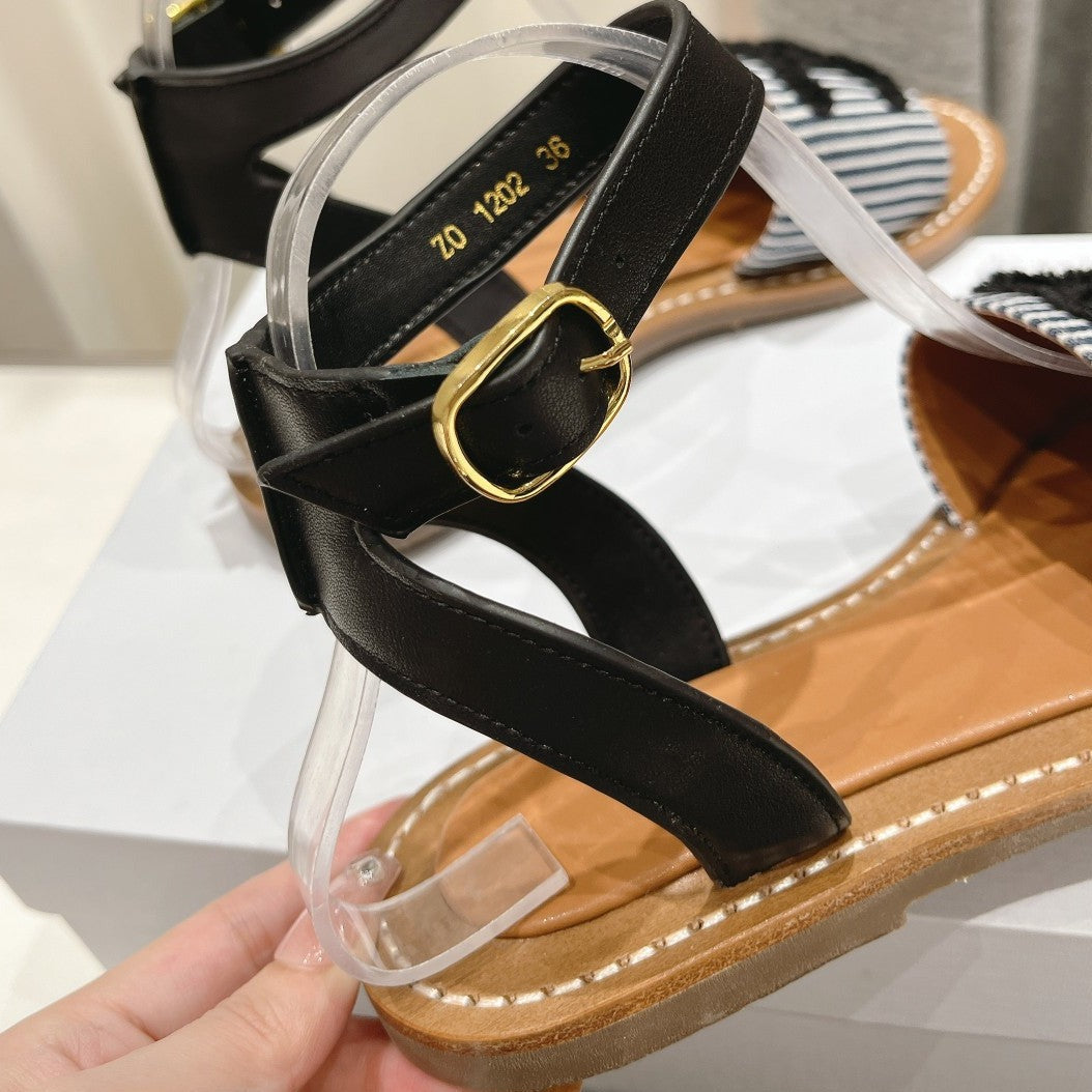LYMPIA SANDAL IN TRIOMPHE MACCRAMÉ COTTON & CALFSKIN BLACK/NAVY - 35