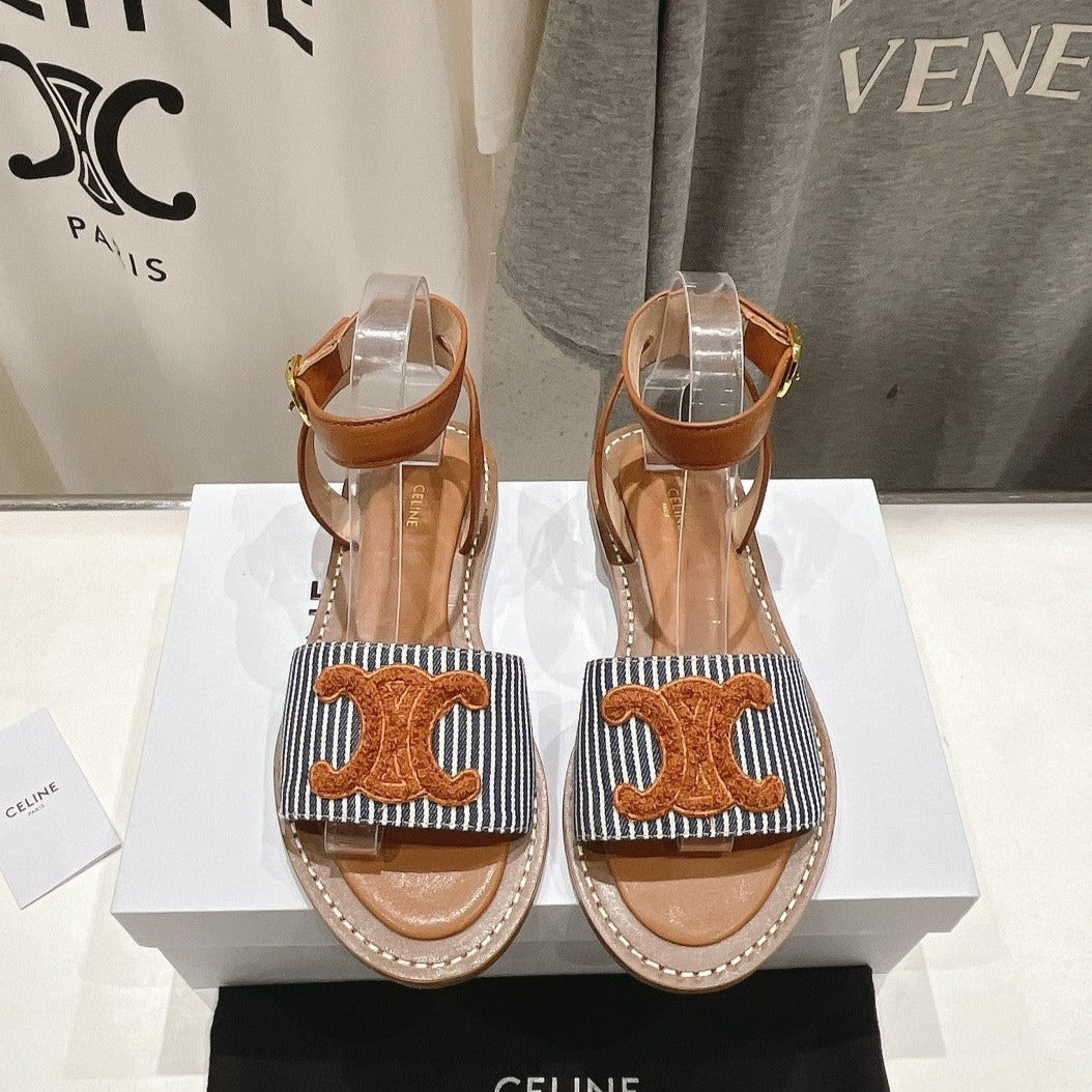 LYMPIA SANDAL IN TRIOMPHE MACCRAMÉ COTTON & CALFSKIN BRONZE BROWN/NAVY - 35