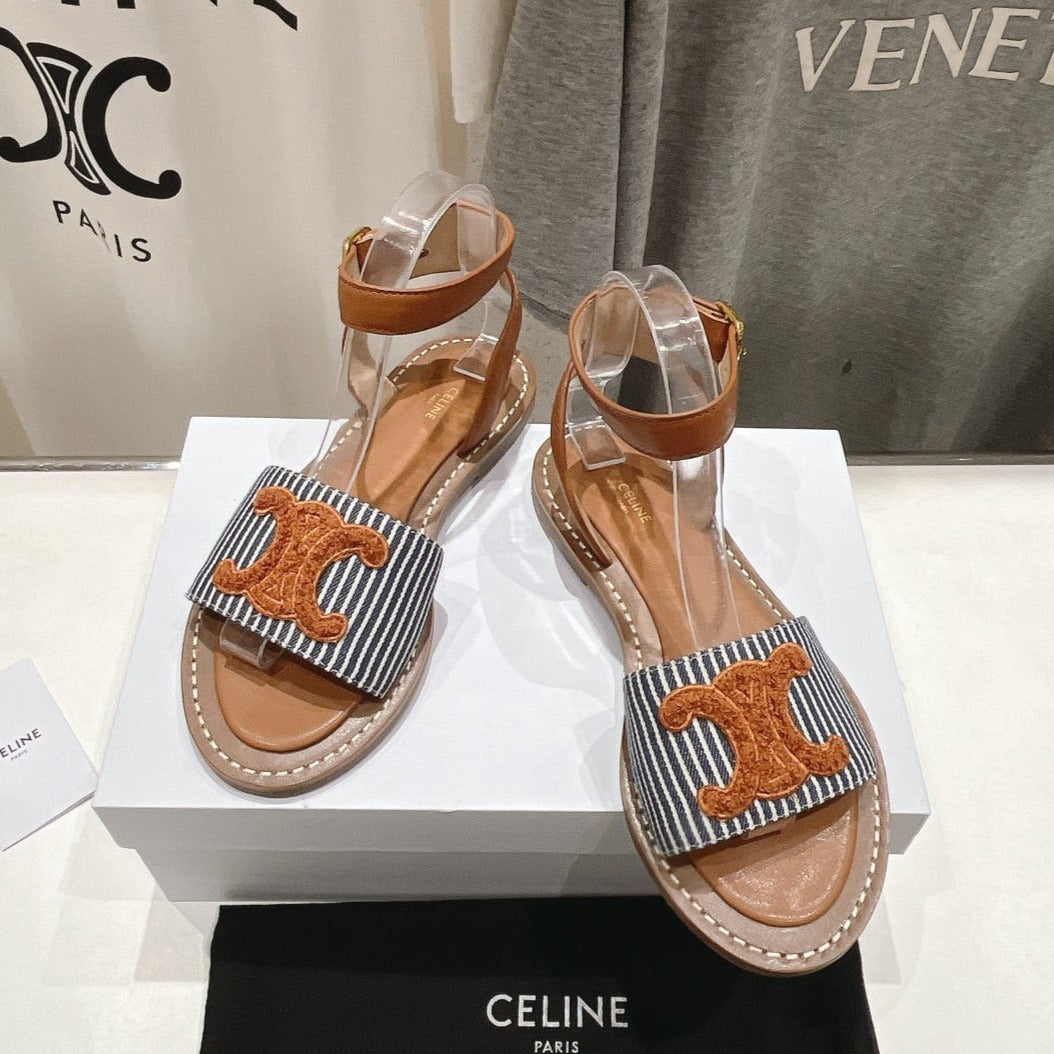 LYMPIA SANDAL IN TRIOMPHE MACCRAMÉ COTTON & CALFSKIN BRONZE BROWN/NAVY - 35