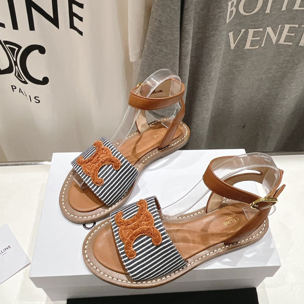 LYMPIA SANDAL IN TRIOMPHE MACCRAMÉ COTTON & CALFSKIN BRONZE BROWN/NAVY - 35