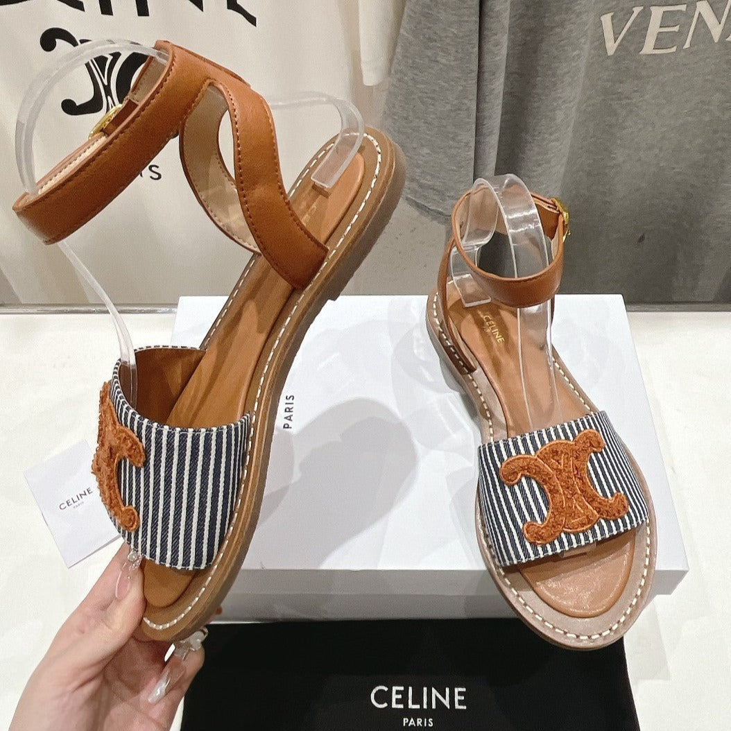 LYMPIA SANDAL IN TRIOMPHE MACCRAMÉ COTTON & CALFSKIN BRONZE BROWN/NAVY - 35