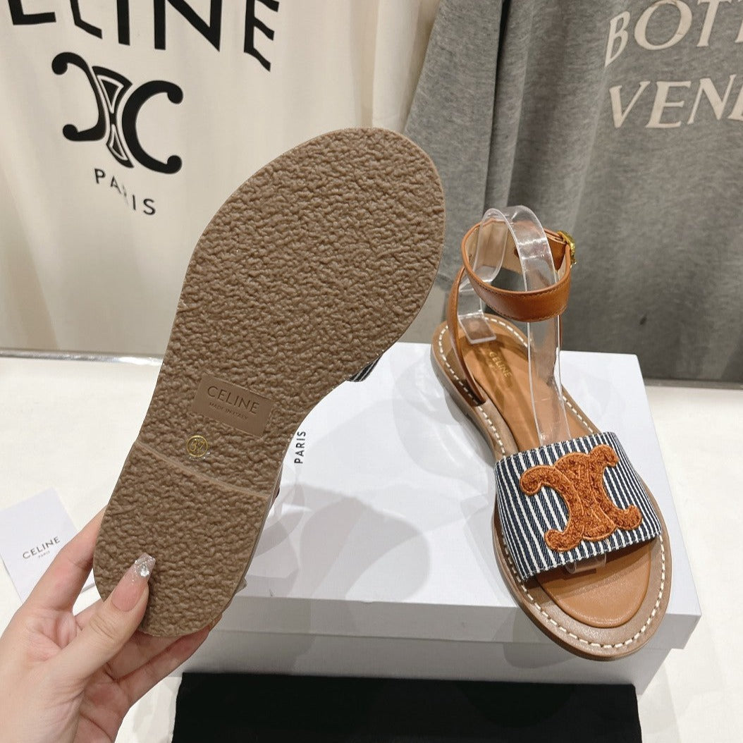 LYMPIA SANDAL IN TRIOMPHE MACCRAMÉ COTTON & CALFSKIN BRONZE BROWN/NAVY - 35