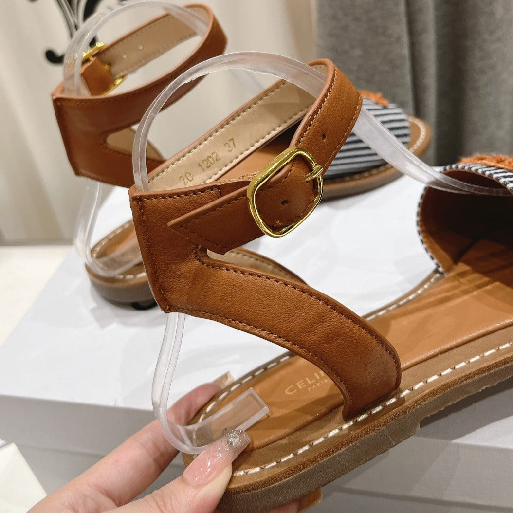 LYMPIA SANDAL IN TRIOMPHE MACCRAMÉ COTTON & CALFSKIN BRONZE BROWN/NAVY - 35